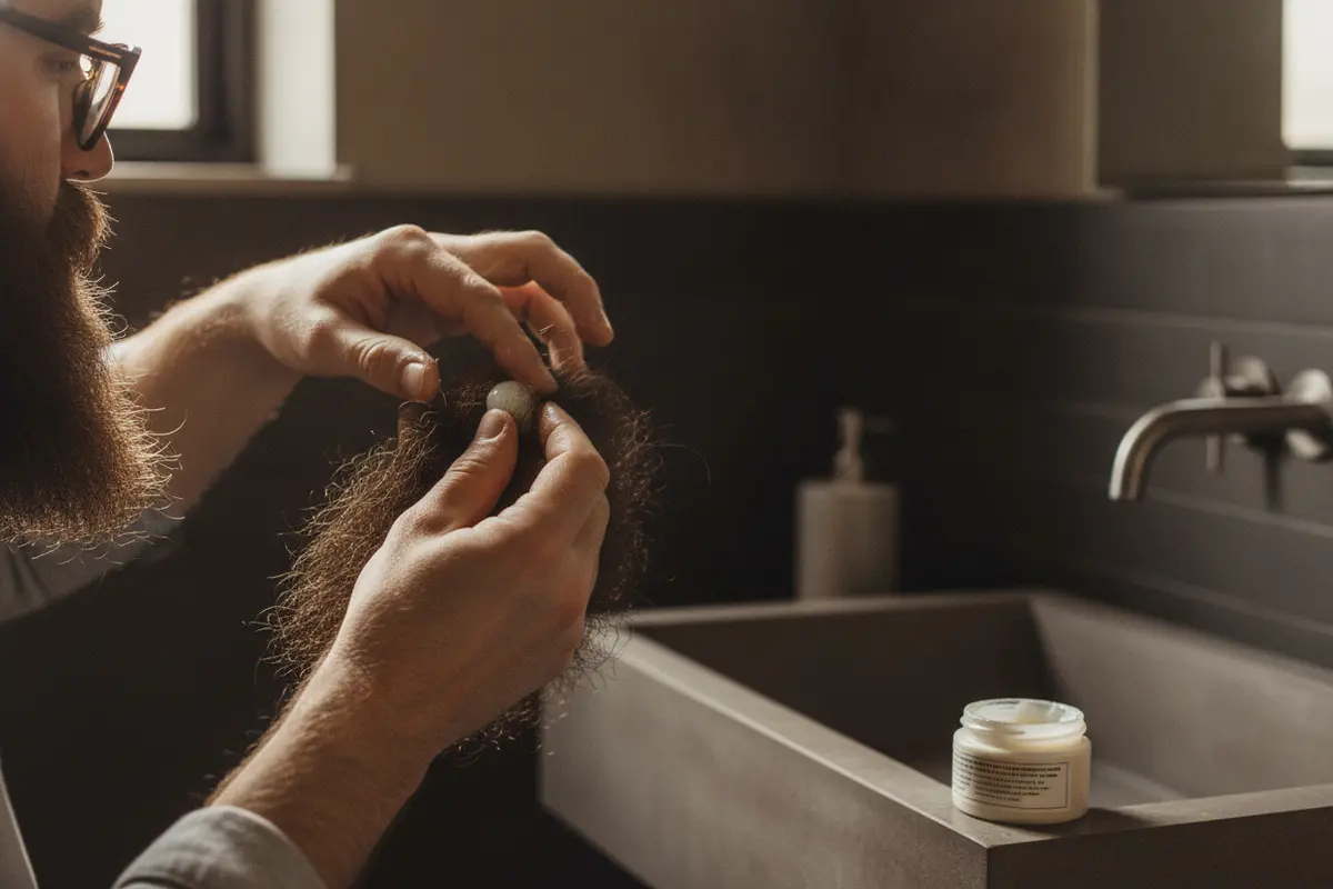 A man applying beard styling balm from his fingertips through the hair and skin beneath his beard