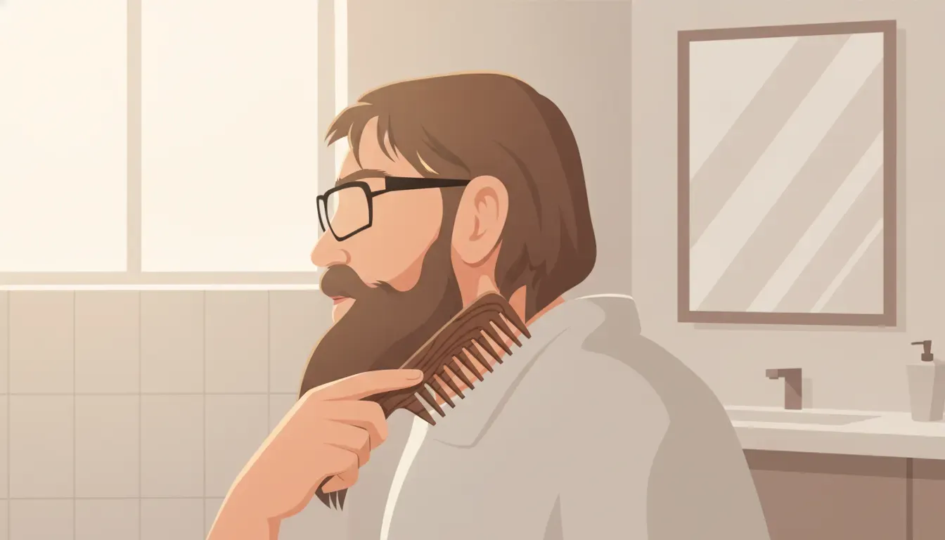 Man using a wide-tooth beard comb through a medium-length beard