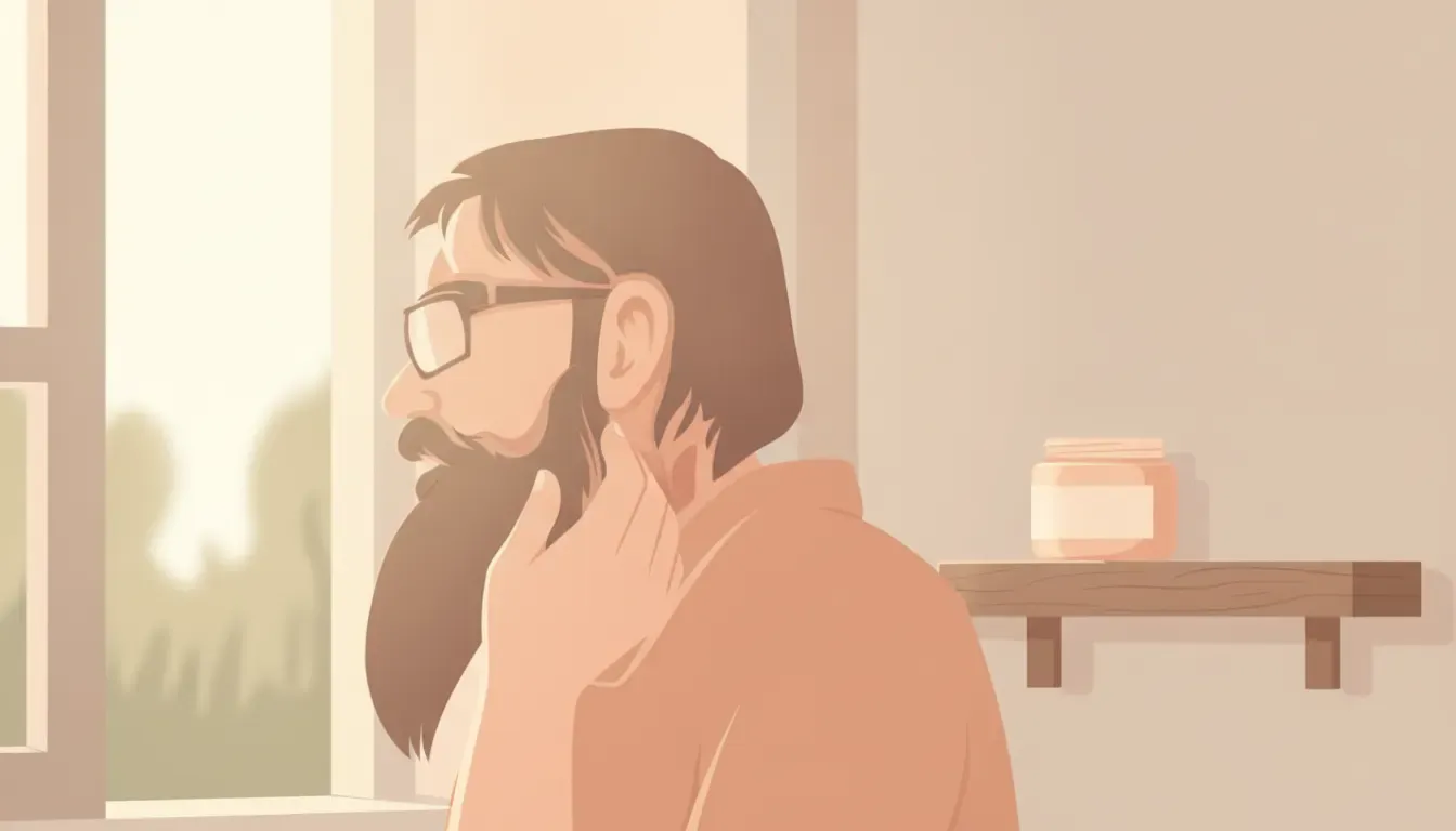 Man checking the skin beneath his beard during a dry skin grooming routine