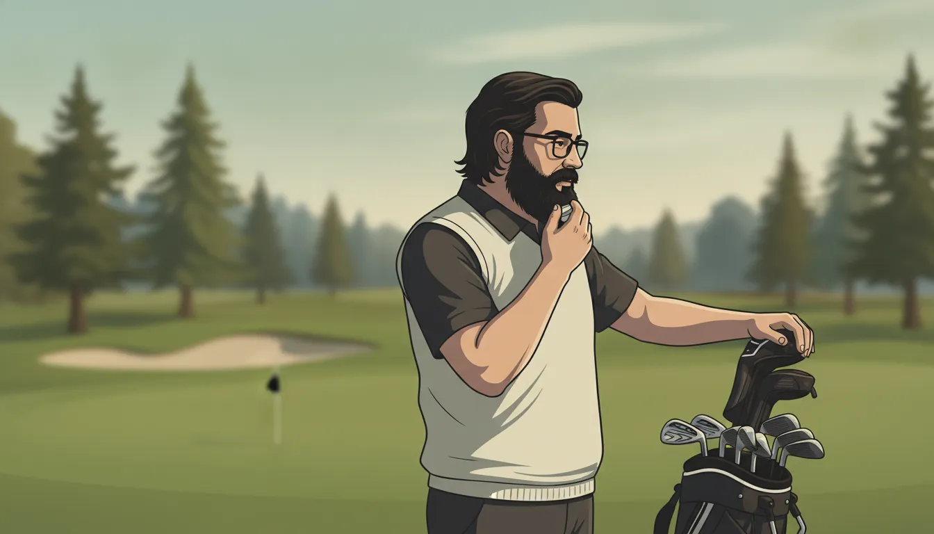 Bearded golfer making a discreet beard grooming touch-up beside a golf cart