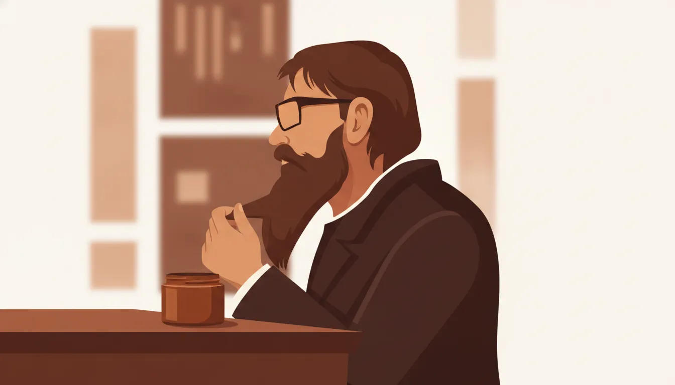 Man applying sandalwood bourbon beard balm during an evening grooming routine