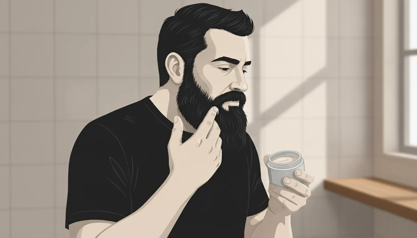 Man applying beard balm through facial hair to reach the skin underneath