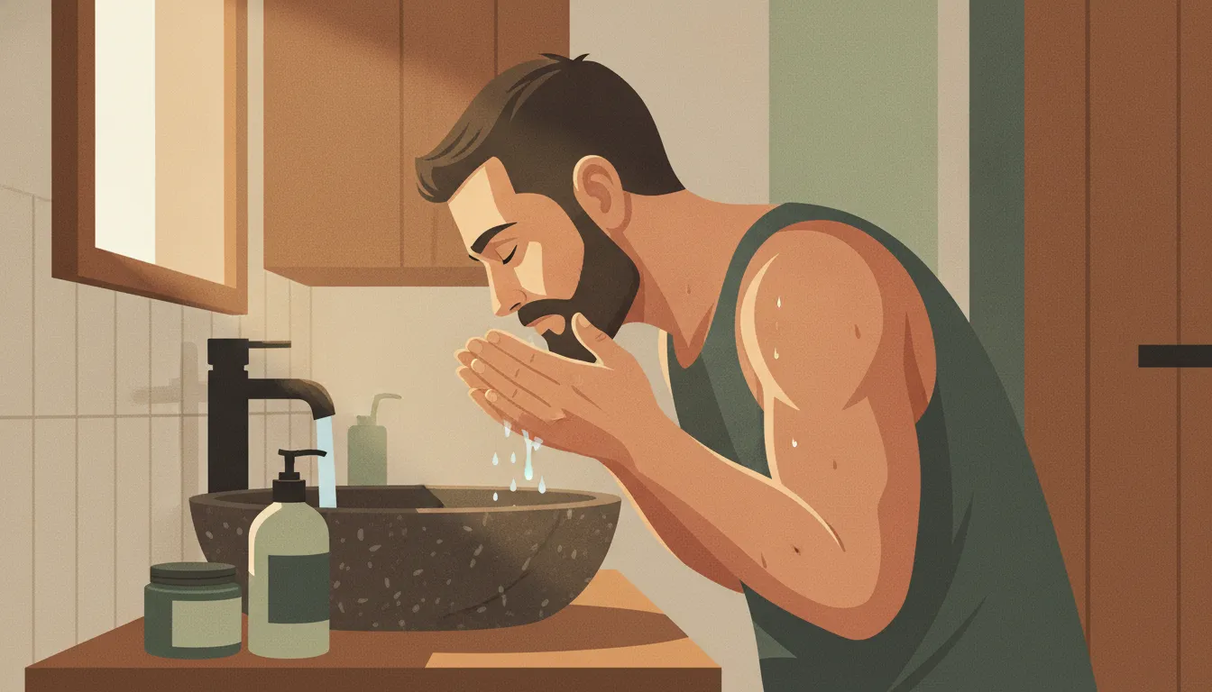 Man using a tallow-based face and beard wash as part of a simple grooming routine