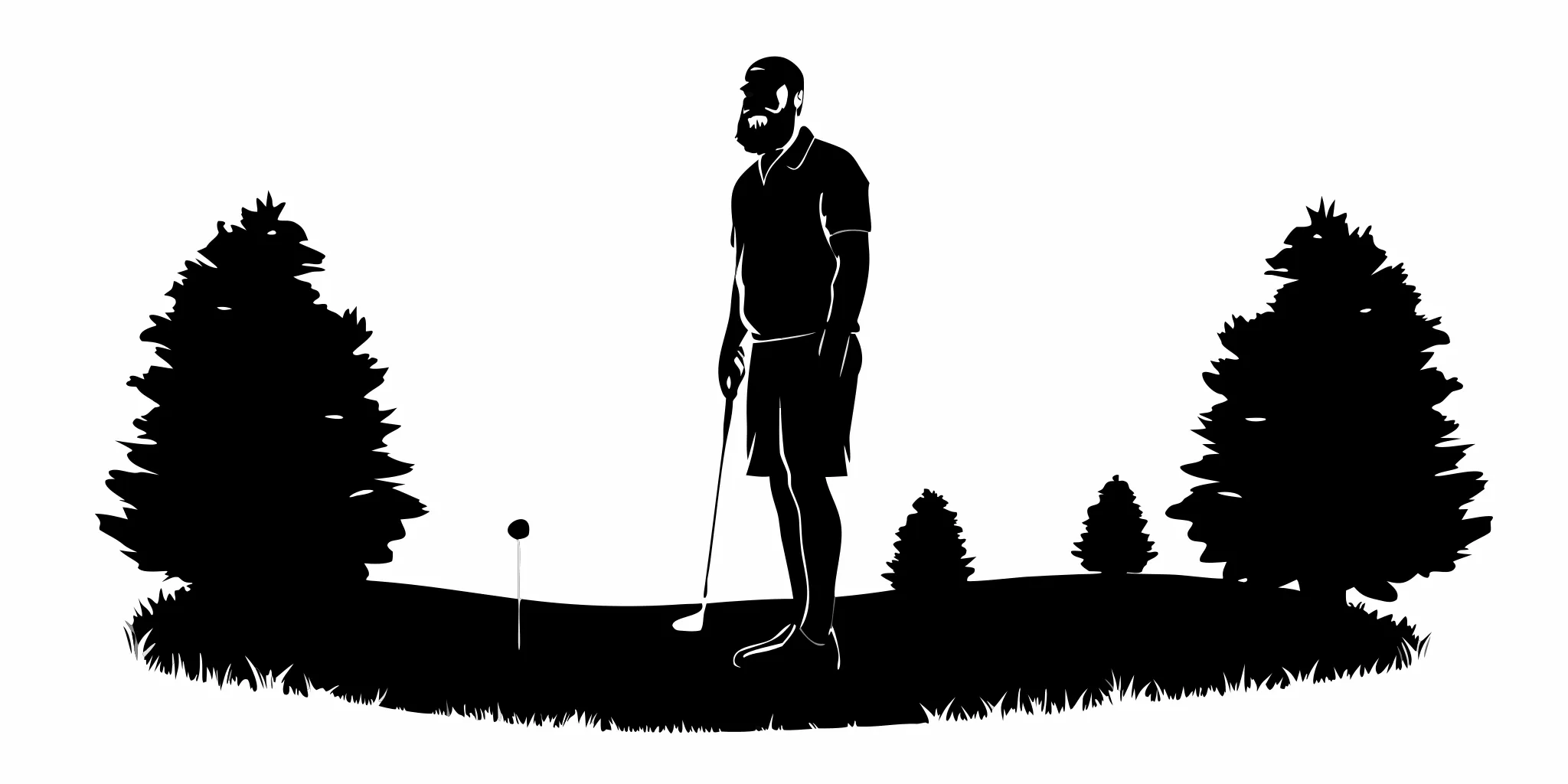 Active man with well-groomed beard standing on a golf course at sunrise