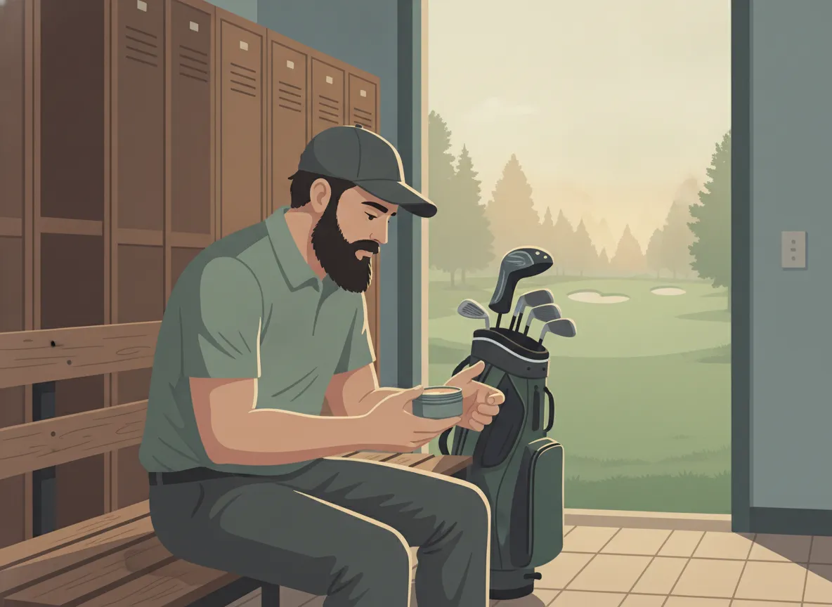 Golfer warming First Tee beard balm before an early tee time