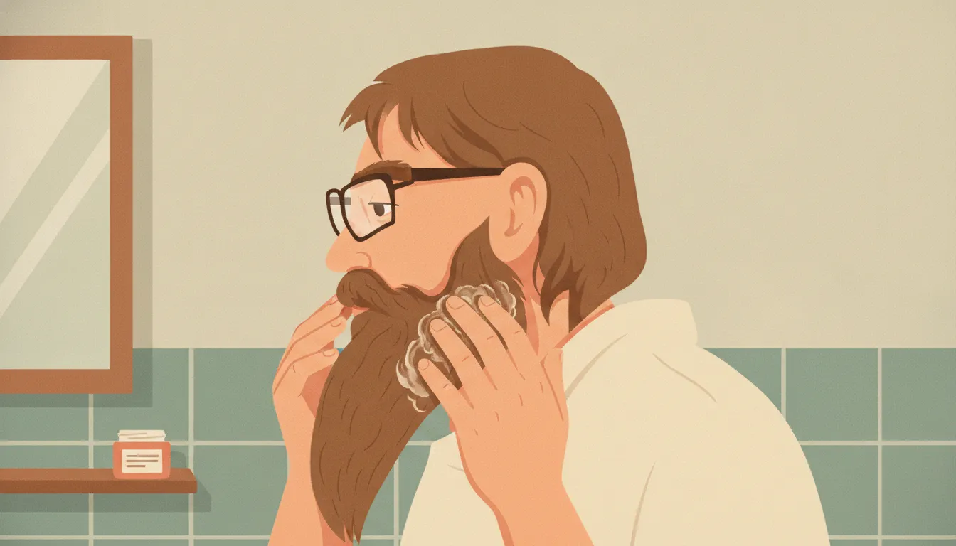 Man working conditioning beard balm through a thick coarse beard with his fingers