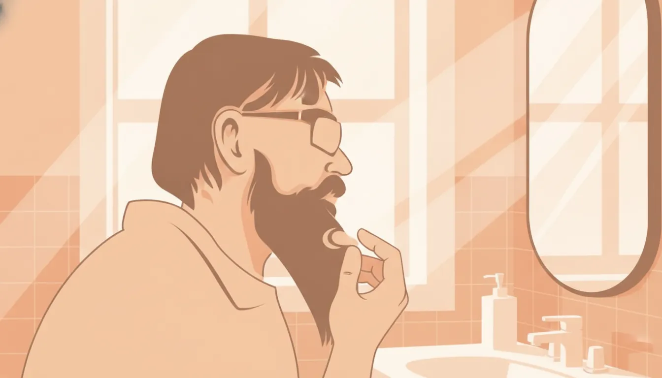 Man applying sweet tobacco beard care balm through his beard in warm morning light