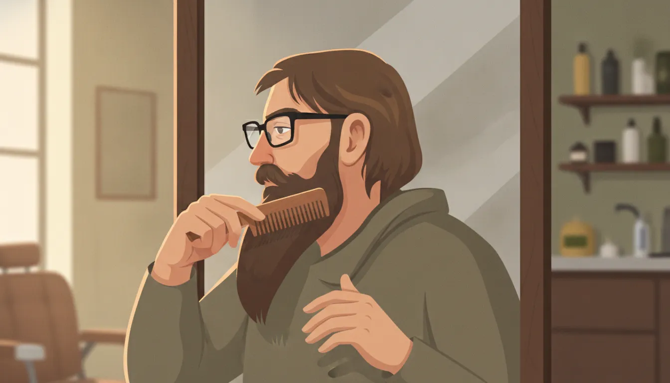 Bearded man combing his beard downward to shape and control