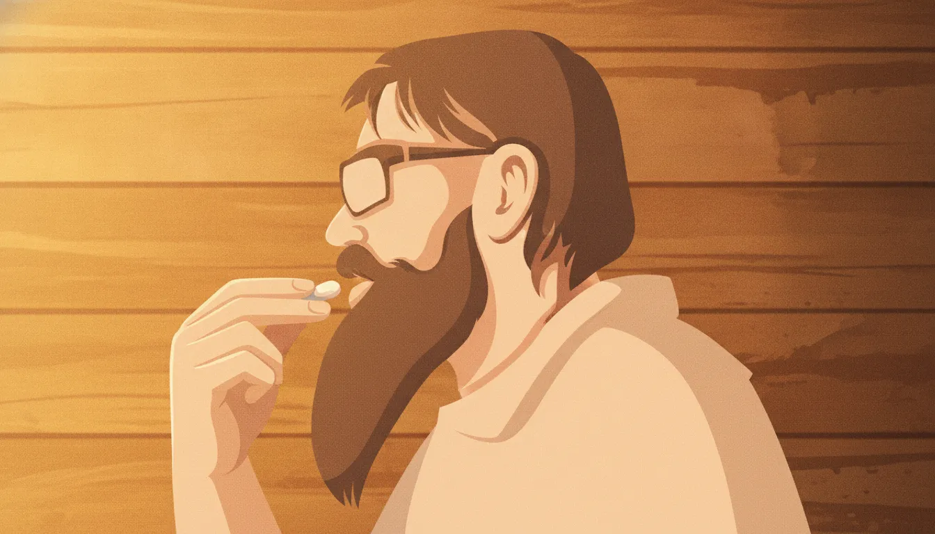 A man massaging a small amount of tallow beard balm down through his beard toward the skin beneath