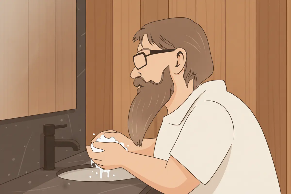 Man gently working beard wash through a damp beard at the sink