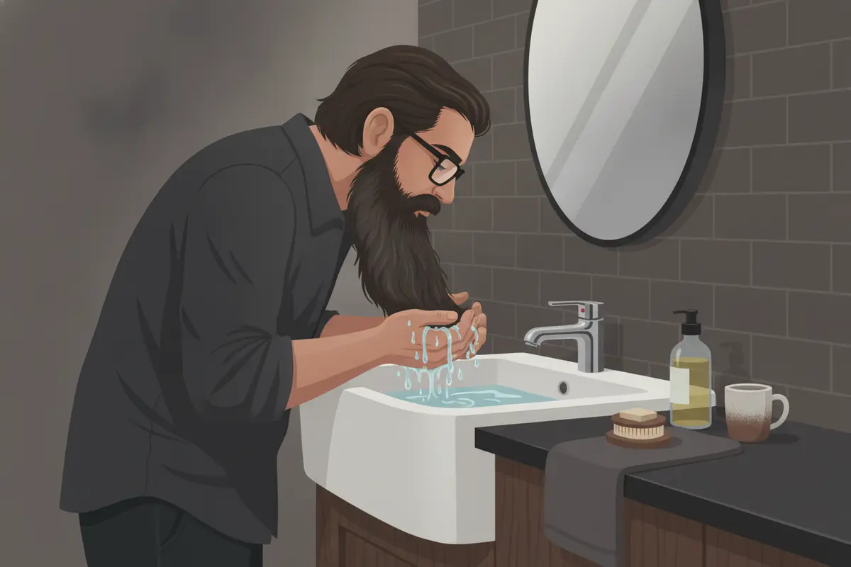 Man washing and conditioning his beard as part of a simple daily grooming routine
