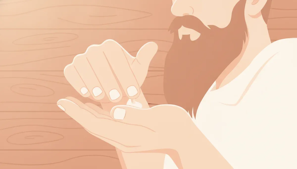 Man working a small amount of natural beard balm through a neatly groomed beard