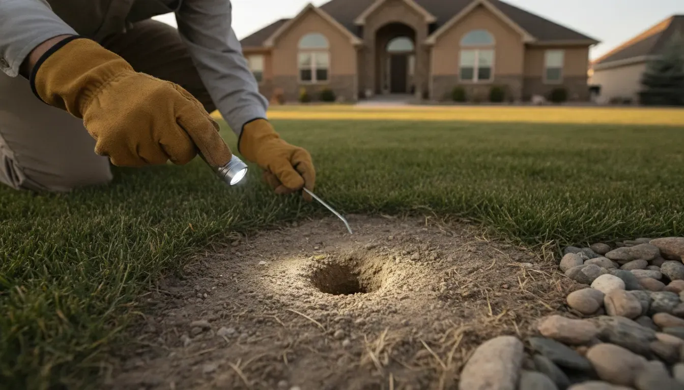Ground wasp nest entrance being inspected safely in a Colorado lawn