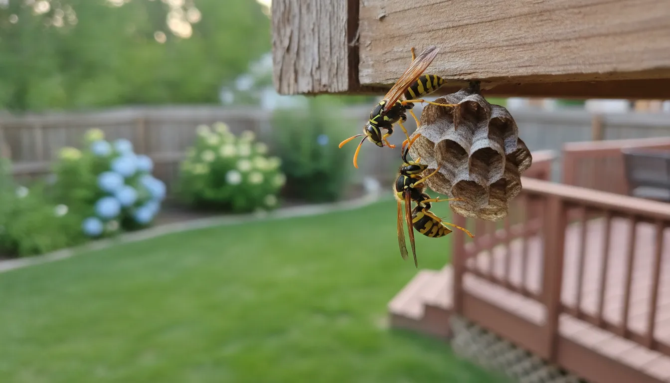 A paper wasp nest under the eaves of a porch, which may require professional wasp removal Denver services.