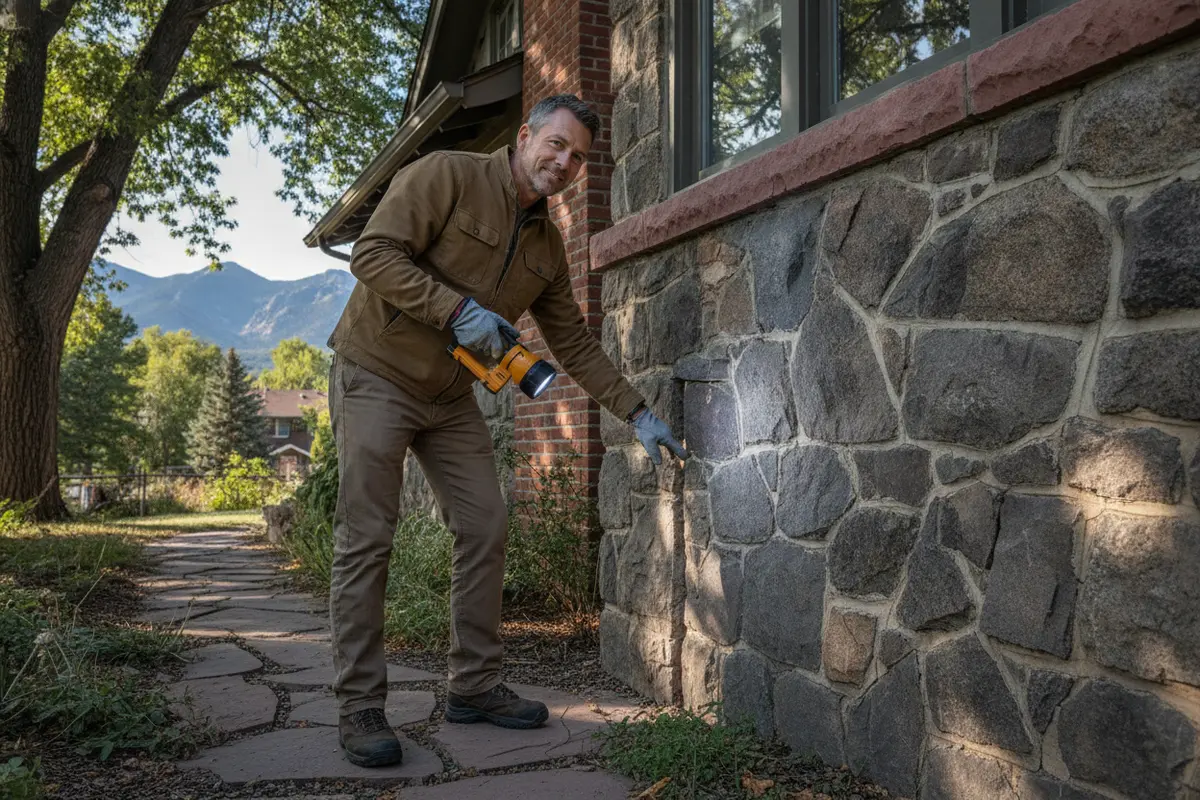 Homeowner checking a possible rat entry gap near a Colorado home's foundation