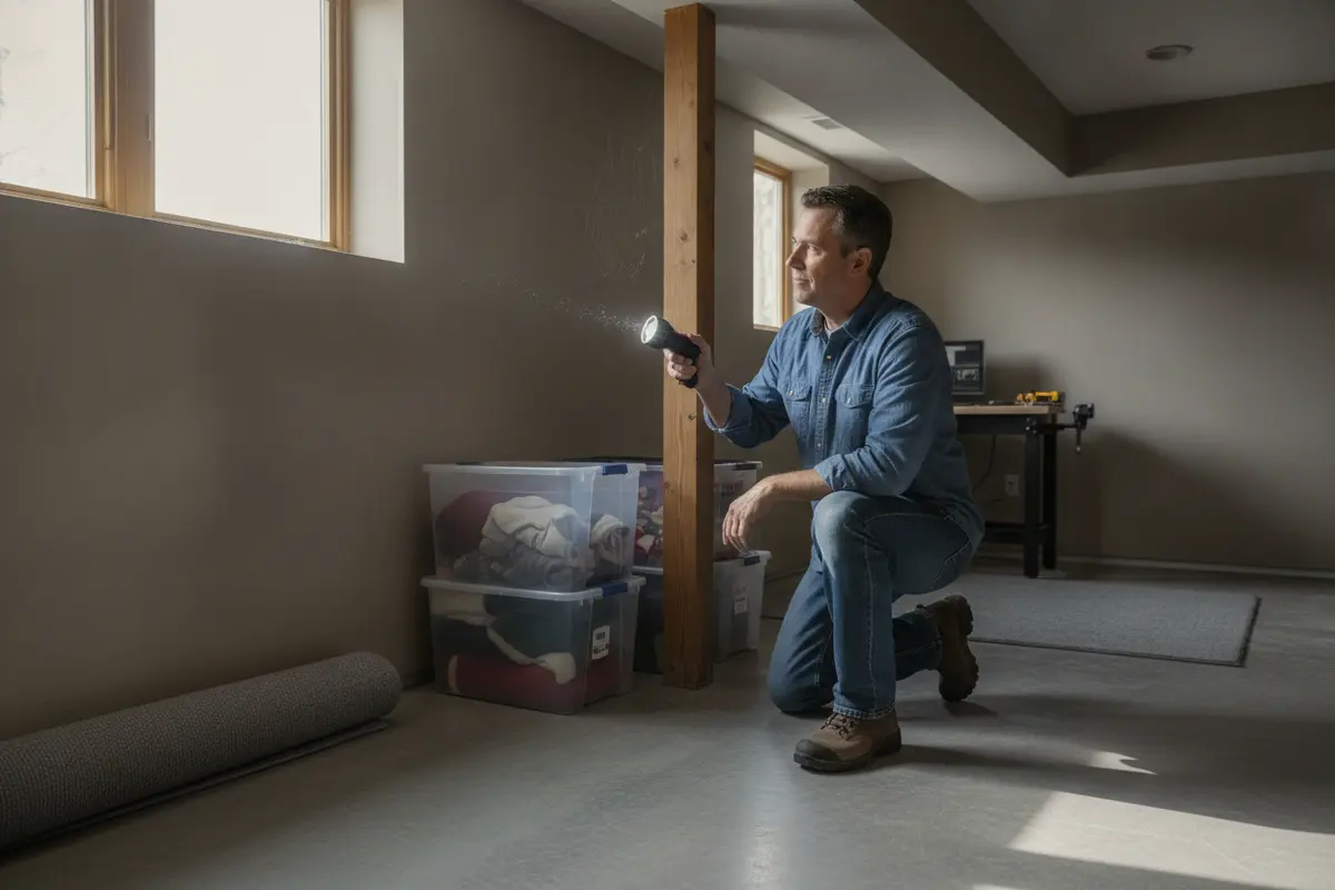 Homeowner checking a basement corner for signs of a spider infestation Homeowner checking a basement corner for signs of a spider infestation