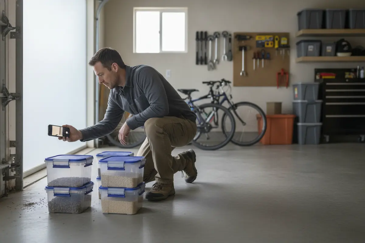 Homeowner noting possible rat activity beside sealed food containers in a Denver garage
