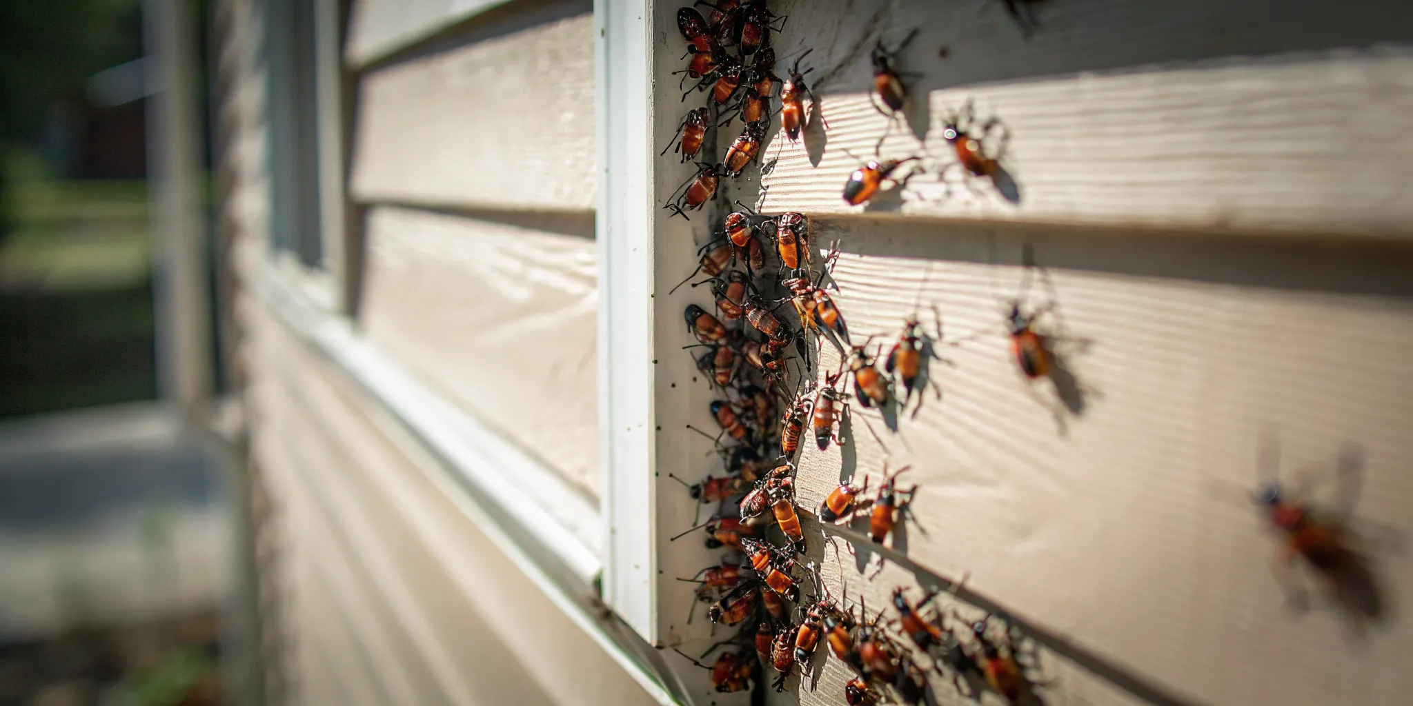 Thousands of red and black boxelder bugs swarming on a warm brick siding of a Colorado residential home