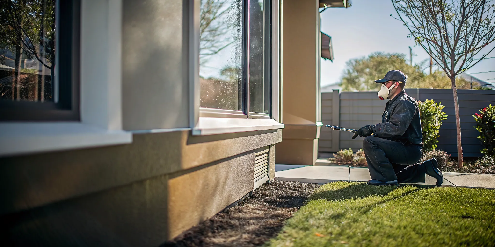 Licensed Beeline Pest Control technician spraying protective pest control barrier along home foundation in Colorado