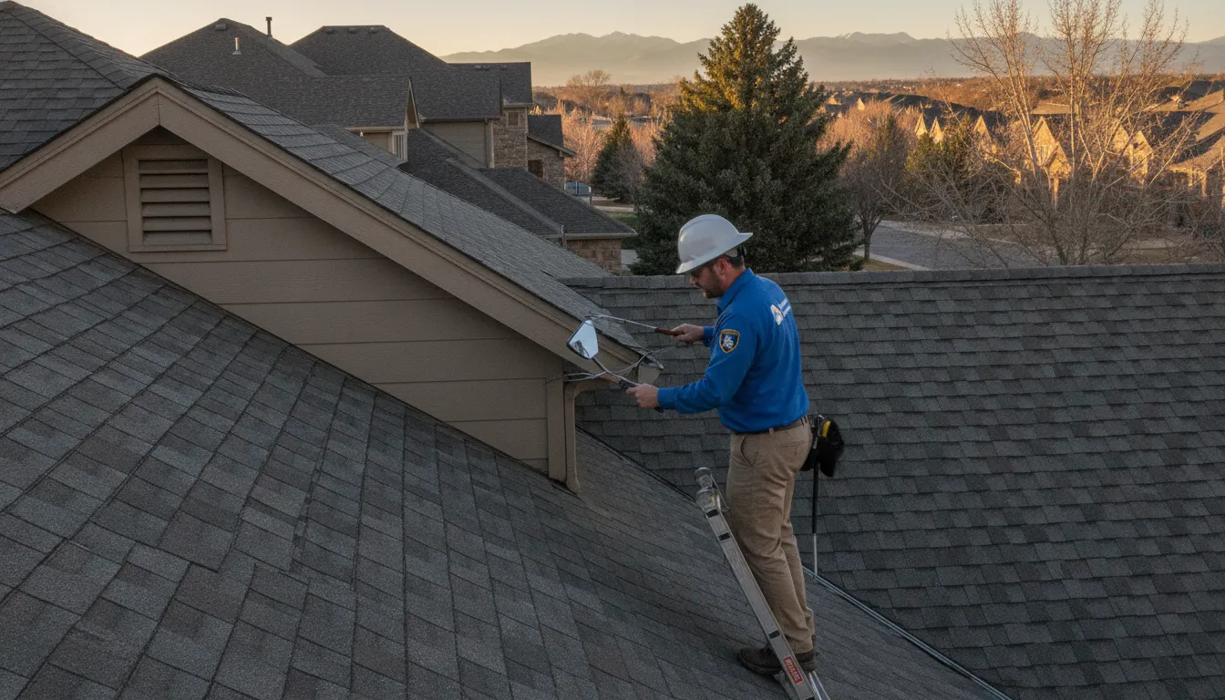 Technician inspecting roofline and soffit entry points on a Denver home