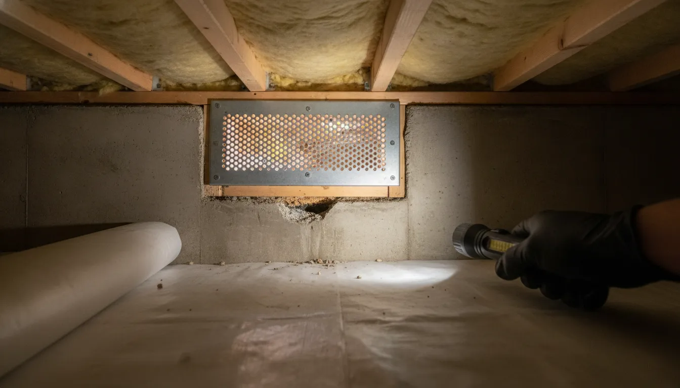 Mouse-sized entry gap near a Denver crawl space foundation vent