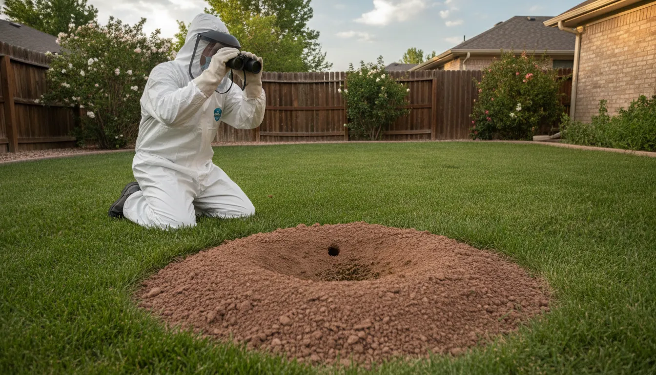 Ground bee nest inspection in a Denver-area yard