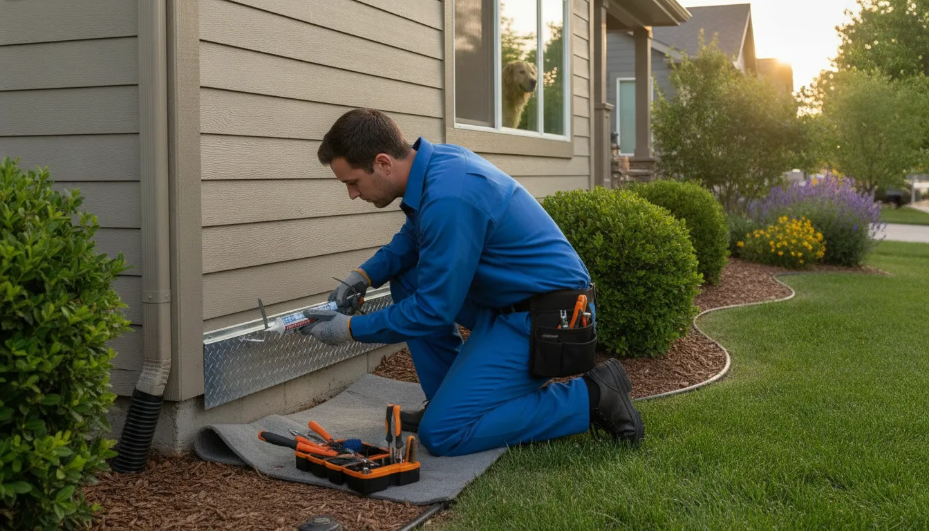 Technician sealing a rodent entry point at a Denver area home