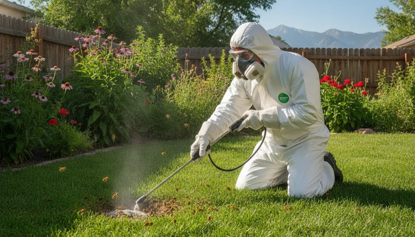 Professional pest control technician in protective suit treating a yellow jacket ground nest entrance in a Denver backyard