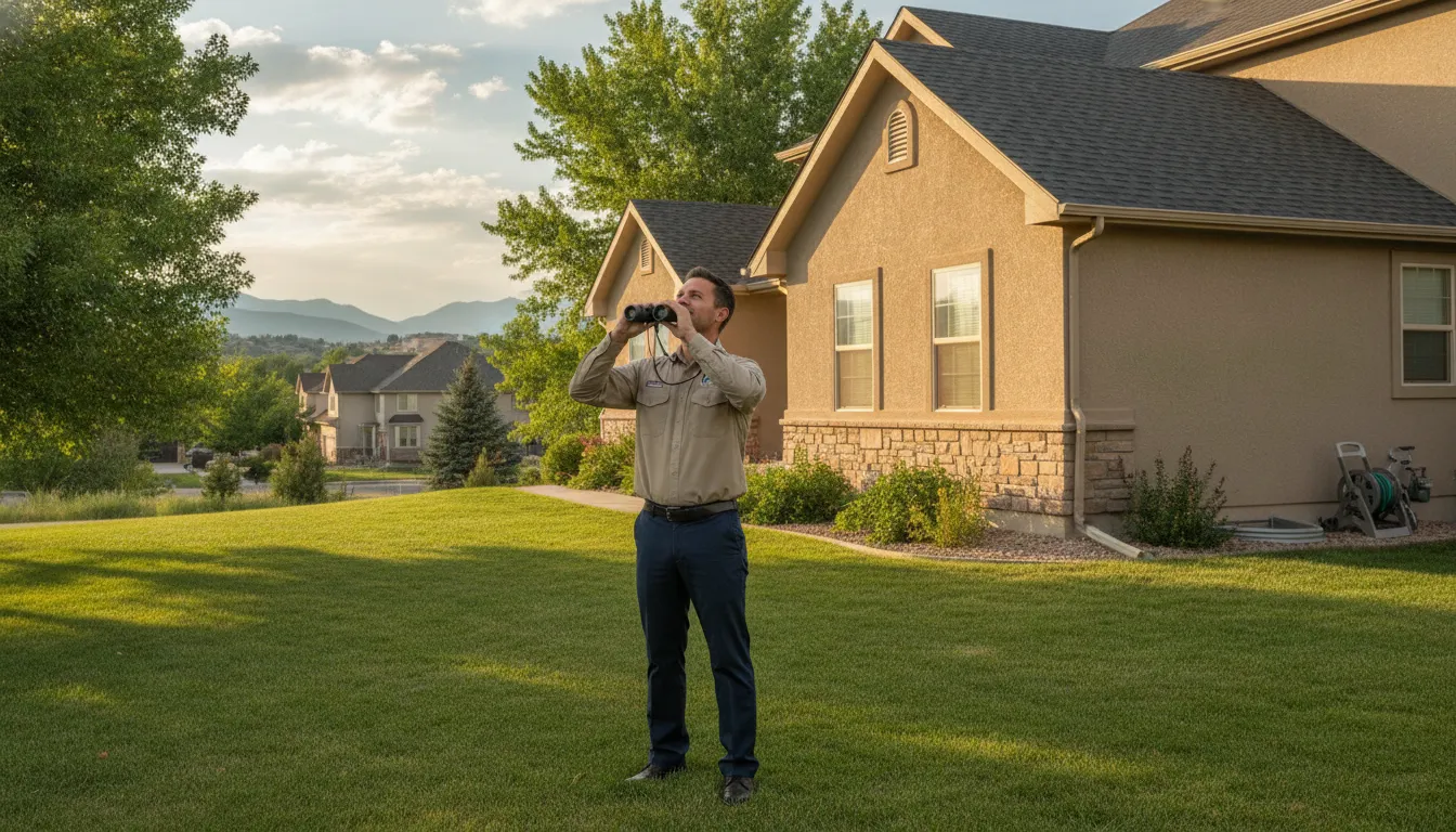 Pest technician inspecting a Denver home roofline for attic wasp activity