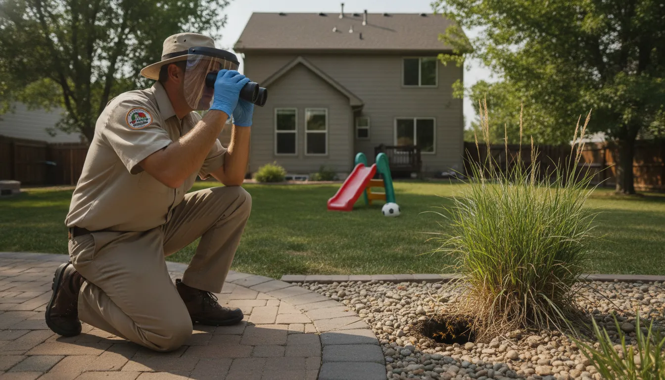 Pest-control technician inspecting a wasp nest area from a safe distance at a Lakewood home