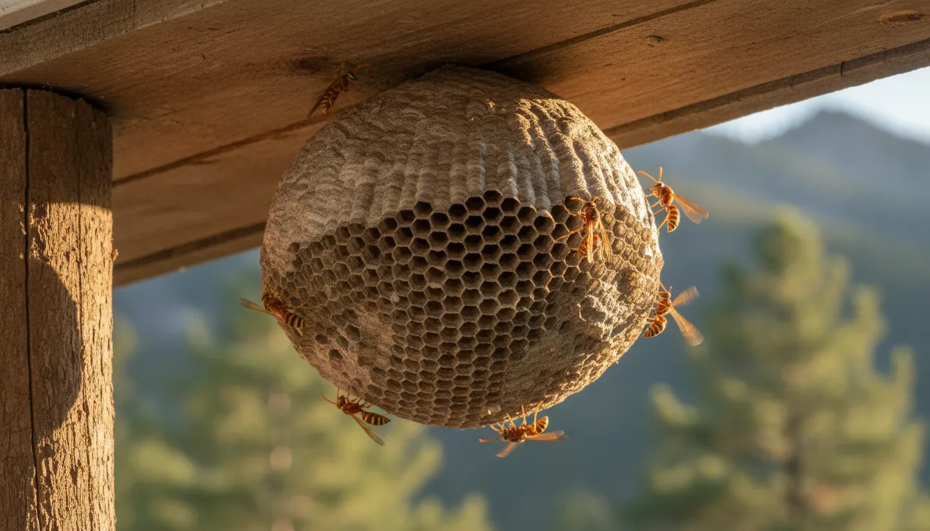 Large paper wasp nest built under a wooden porch eave on a Colorado home with visible hexagonal cells