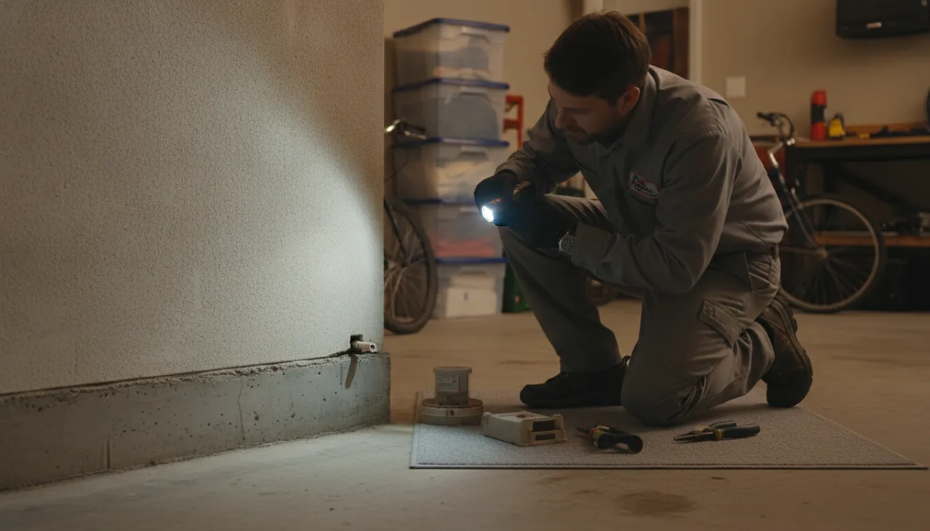 Pest control technician inspecting a Colorado garage foundation for rodent entry points in Aurora