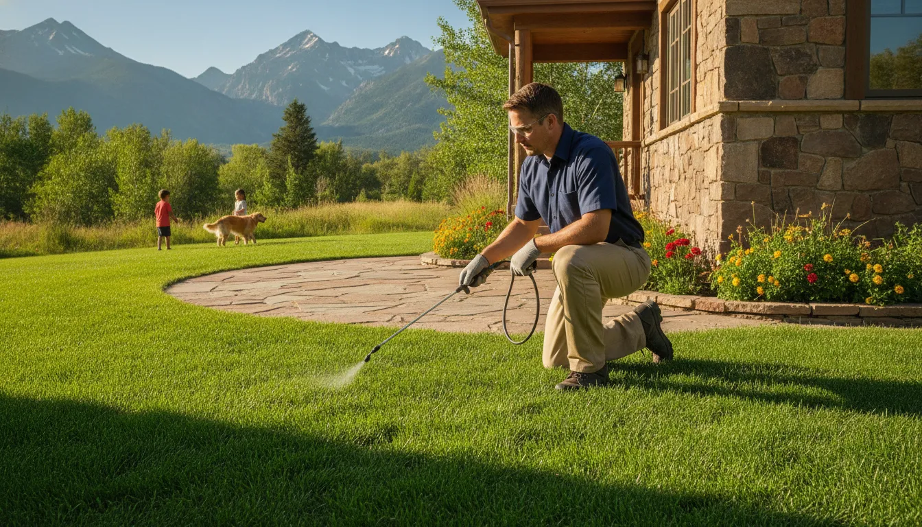 Professional pest control technician applying a barrier treatment around a Colorado home patio foundation