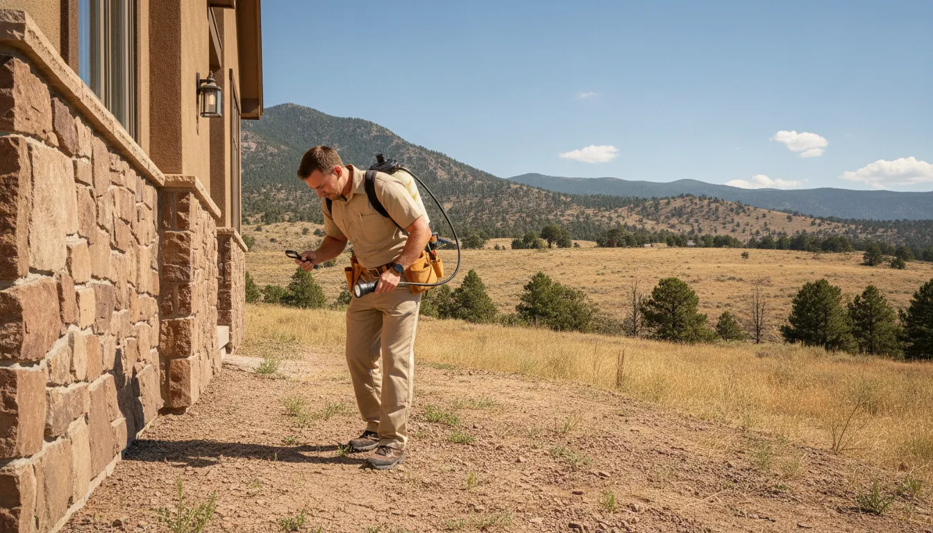 pest control Colorado Springs technician inspecting a home foundation for summer ant activity near the foothills