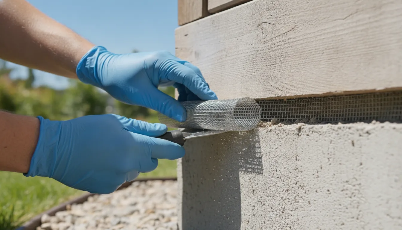 Technician sealing a foundation gap with durable mesh during a Denver rodent exclusion service