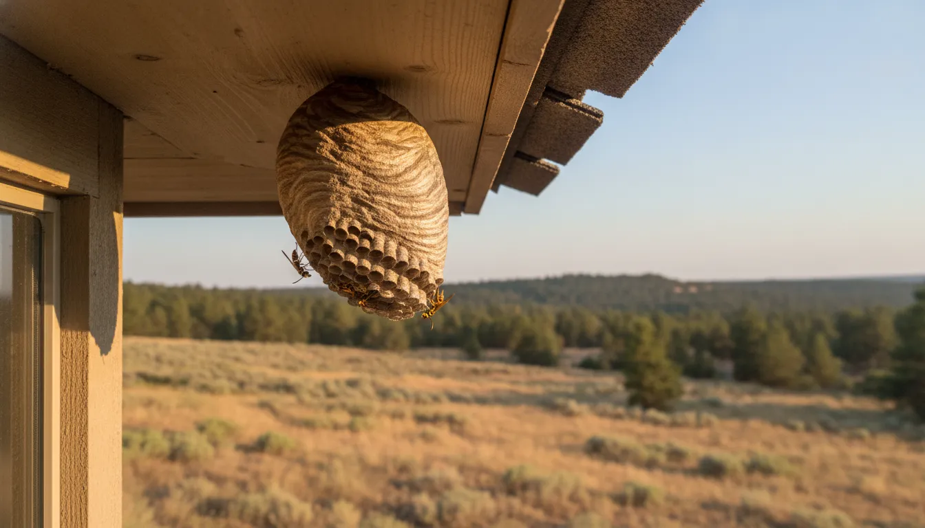 Colorado Springs wasp nest tucked under a home roofline near the foothills during summer