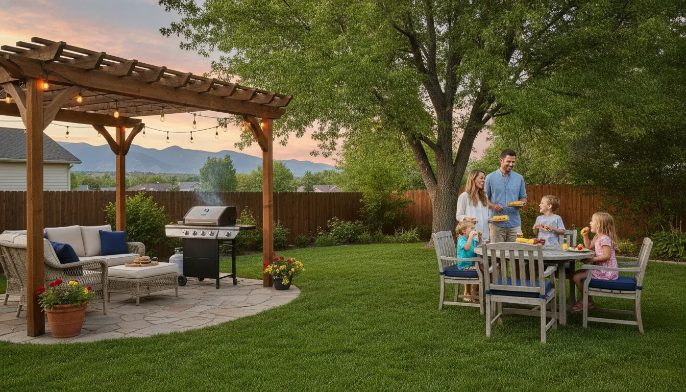 Happy family enjoying a clean and tidy Denver backyard on a summer evening