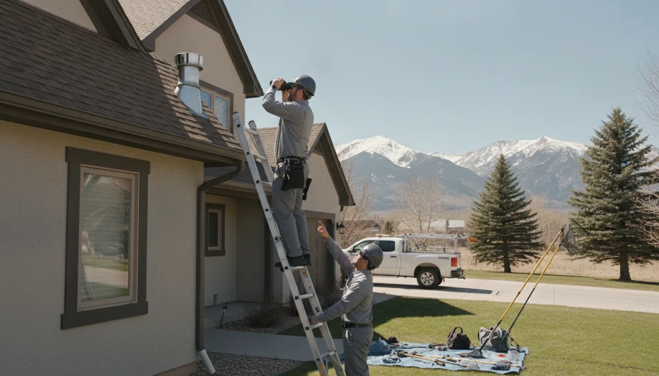 Technician inspecting roofline vents for rodent entry points on a Denver home