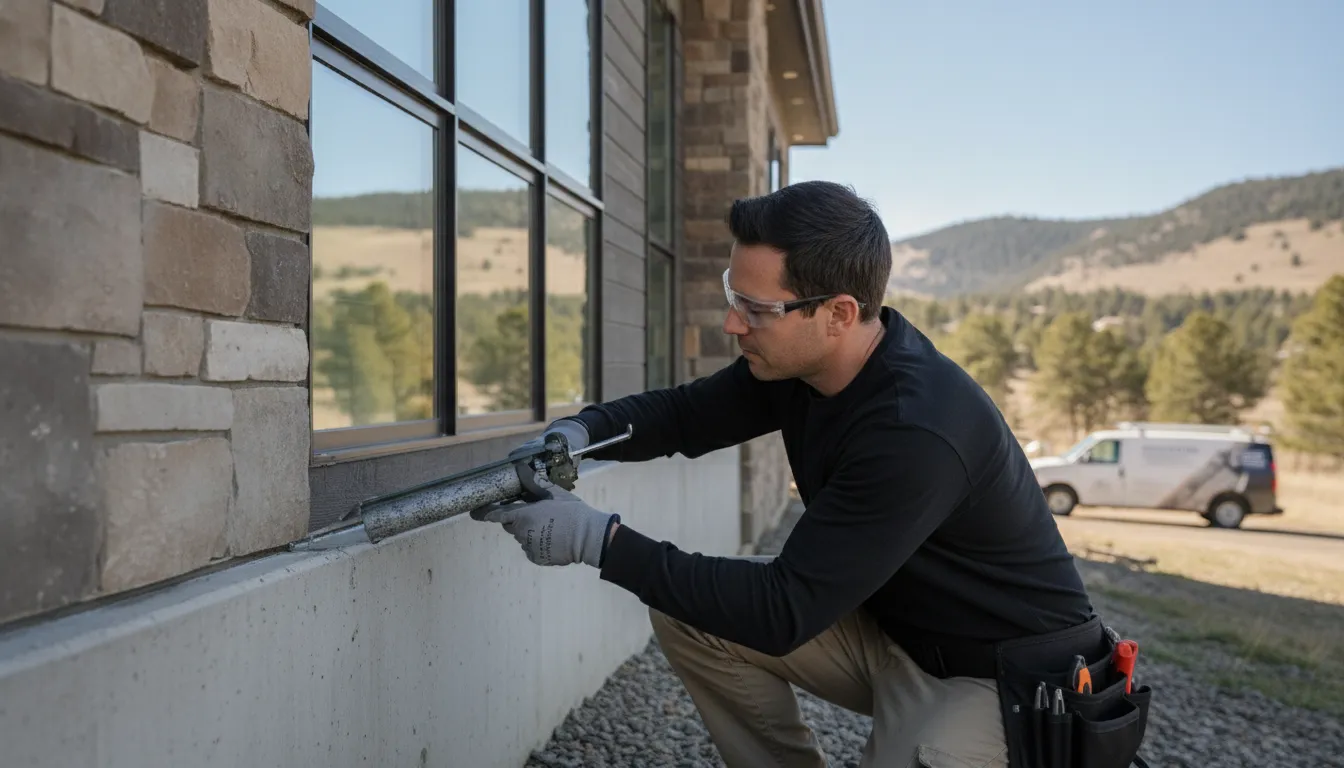 Technician sealing an entry point along an Aurora, Colorado home foundation with gloves