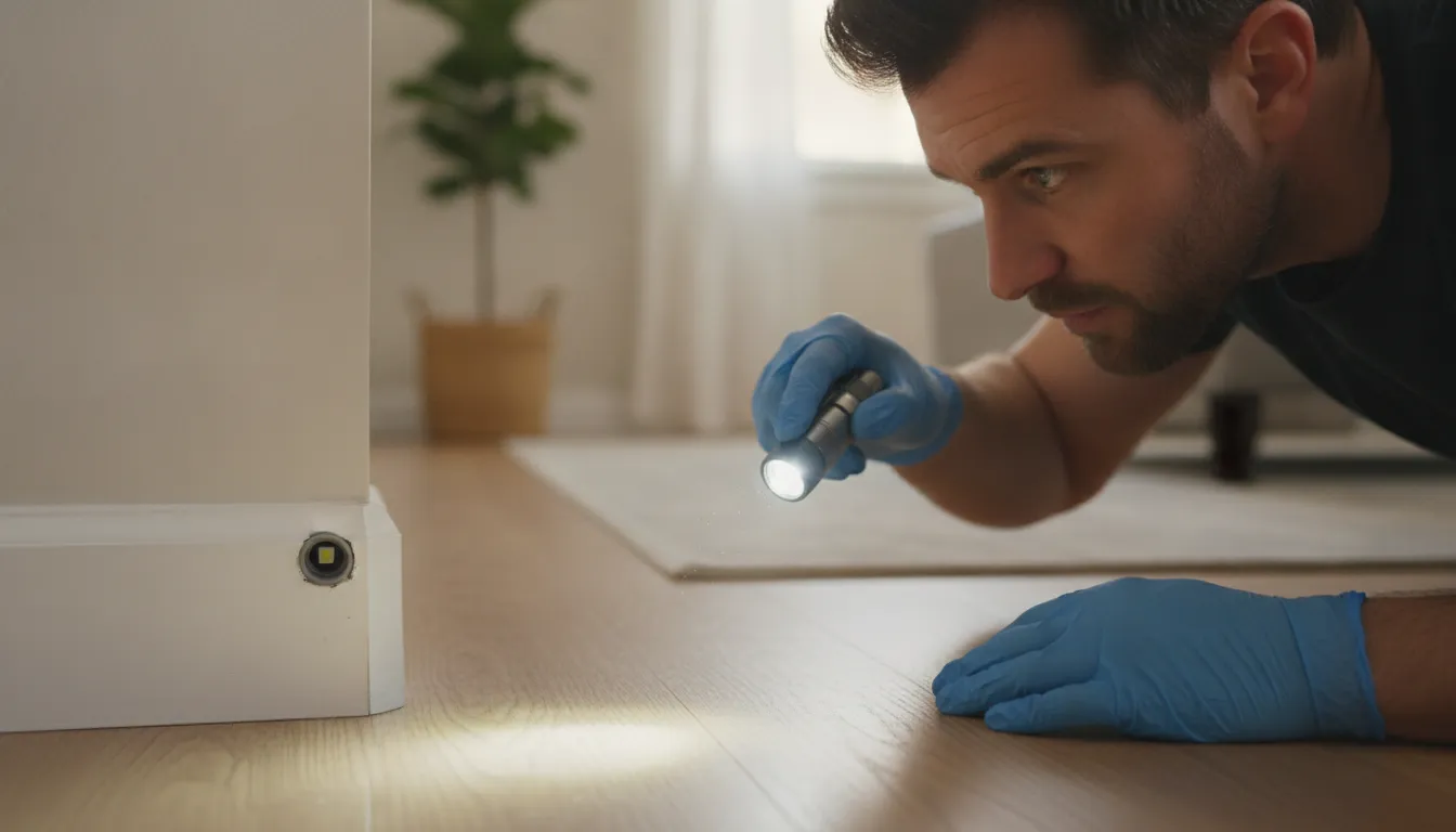 Technician inspecting a Colorado home's wall-floor joint for mouse entry points