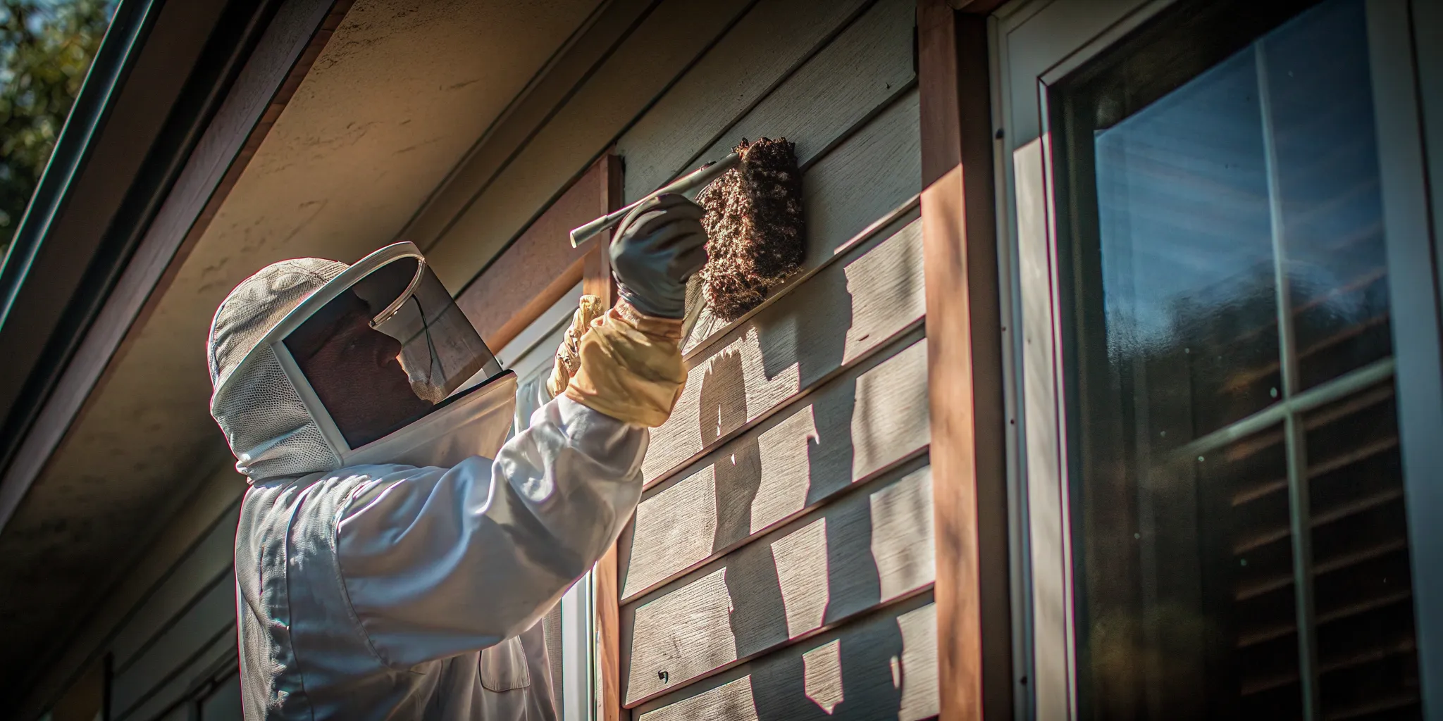 A professional pest control technician wearing a protective suit treating a wasp nest on a home's exterior