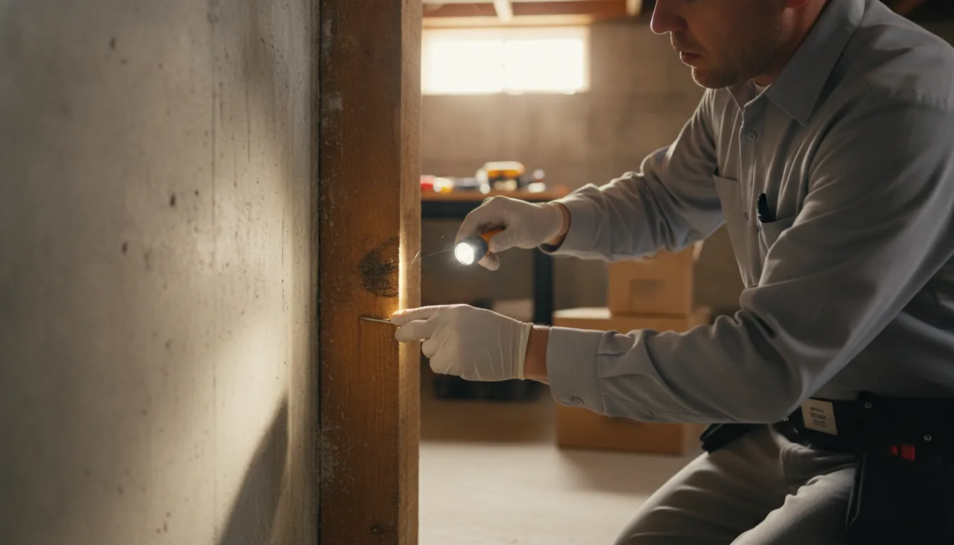 Pest technician inspecting a Denver home foundation for subterranean termite evidence