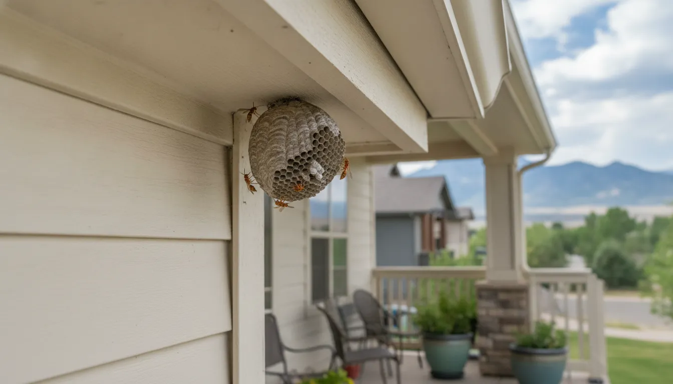 Paper wasp nest beneath a Boulder home eave near a porch