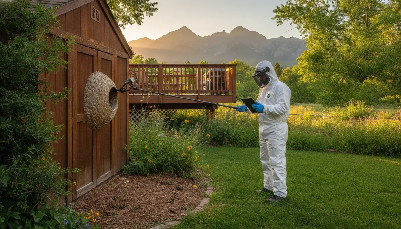 Professional inspecting wasp activity near a Boulder backyard deck and shed