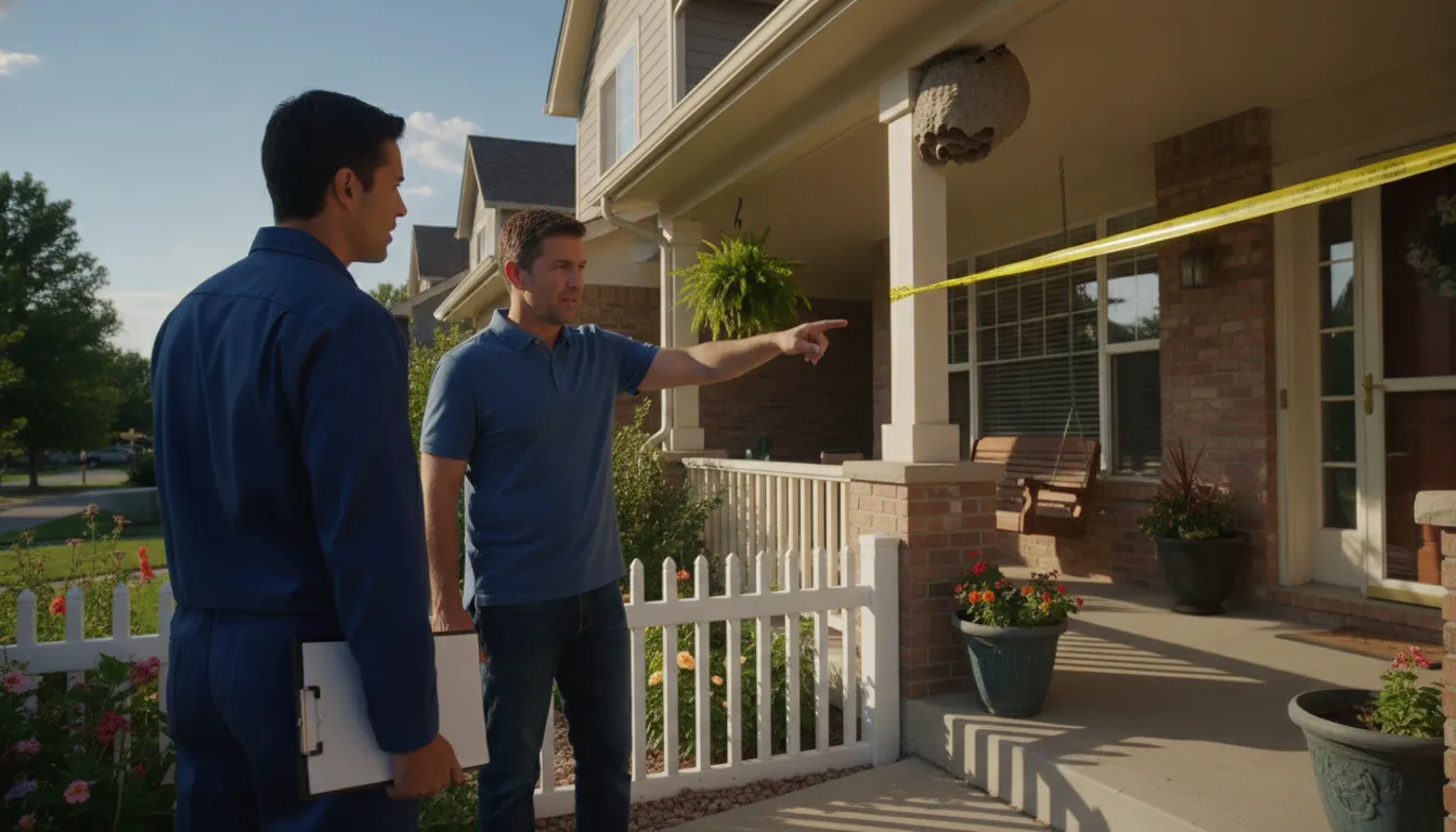 Denver pest technician discussing a wasp nest inspection with a homeowner