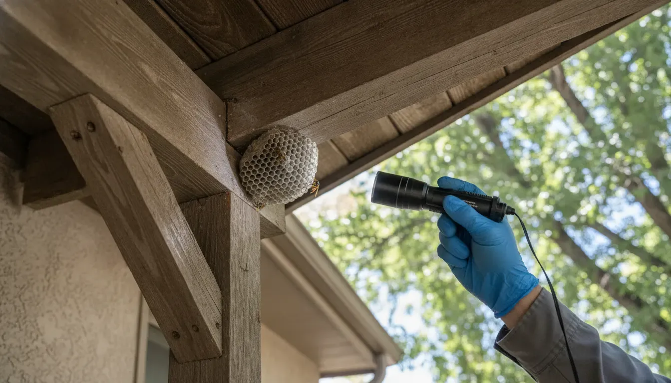 Wasp nest beneath a Denver porch eave during a professional inspection