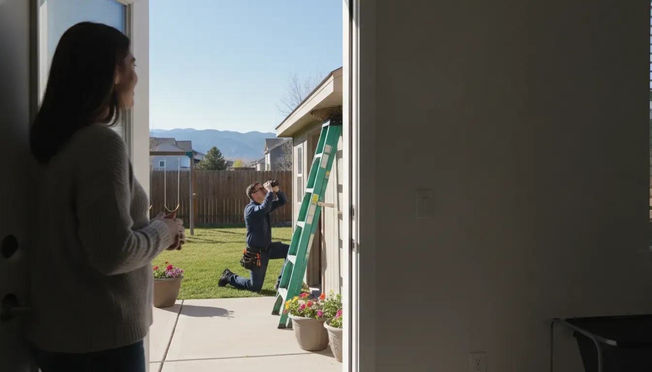 Denver homeowner keeping a safe distance while a pest technician inspects a wasp nest