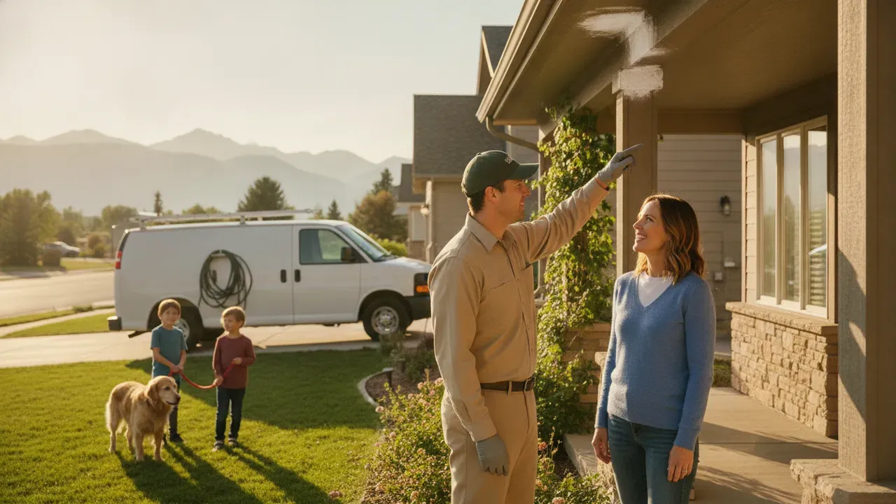 Technician explaining wasp treatment re-entry steps to a Colorado homeowner while children and a dog wait safely