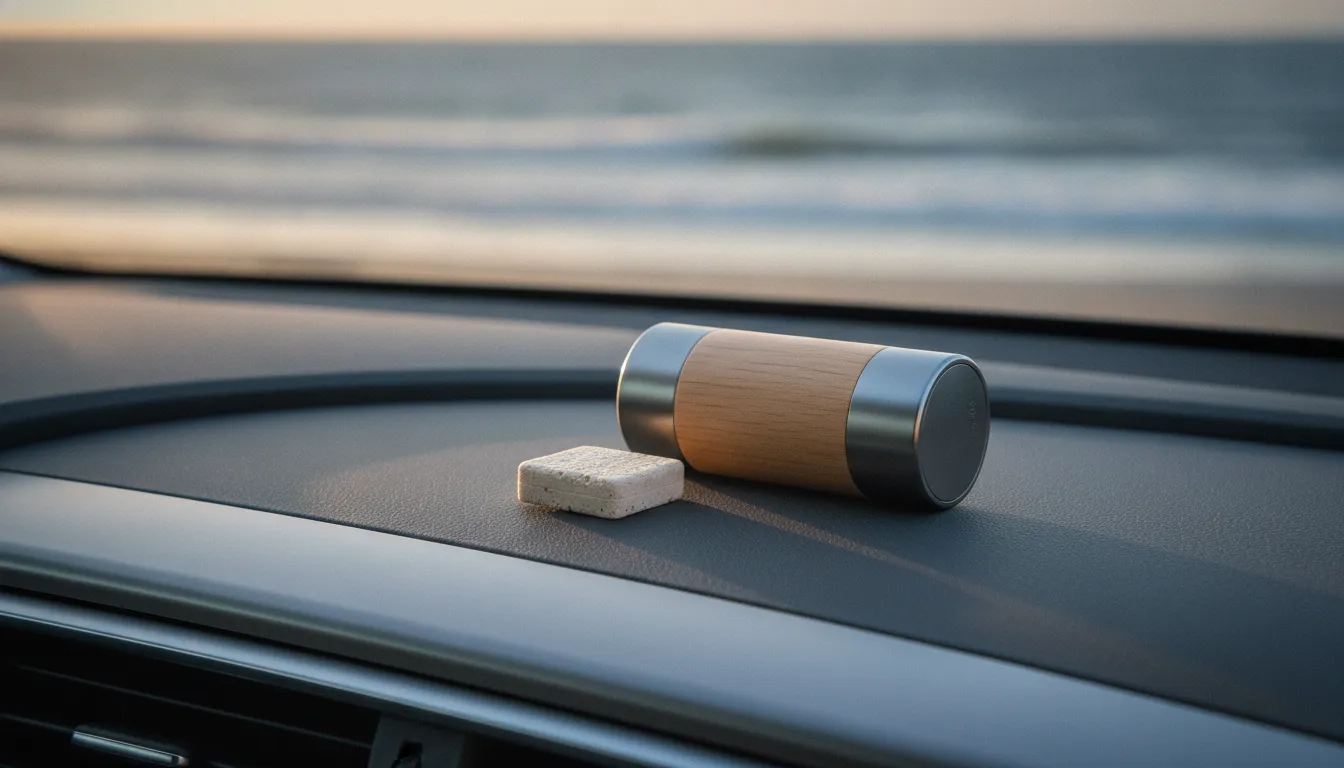 Minimalist wood and metal car freshener with a bright citrus-inspired scent mood