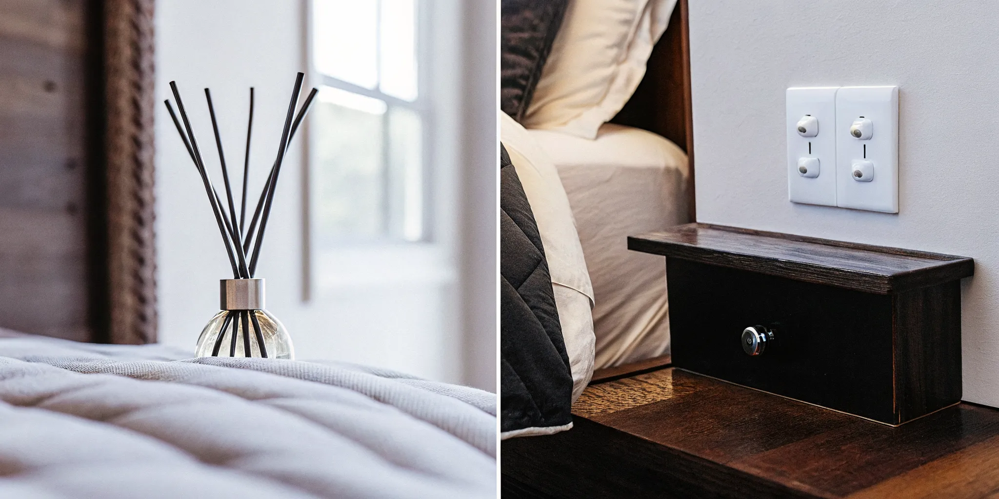 Reed diffuser and plug-in diffuser shown in elegant neutral home interiors